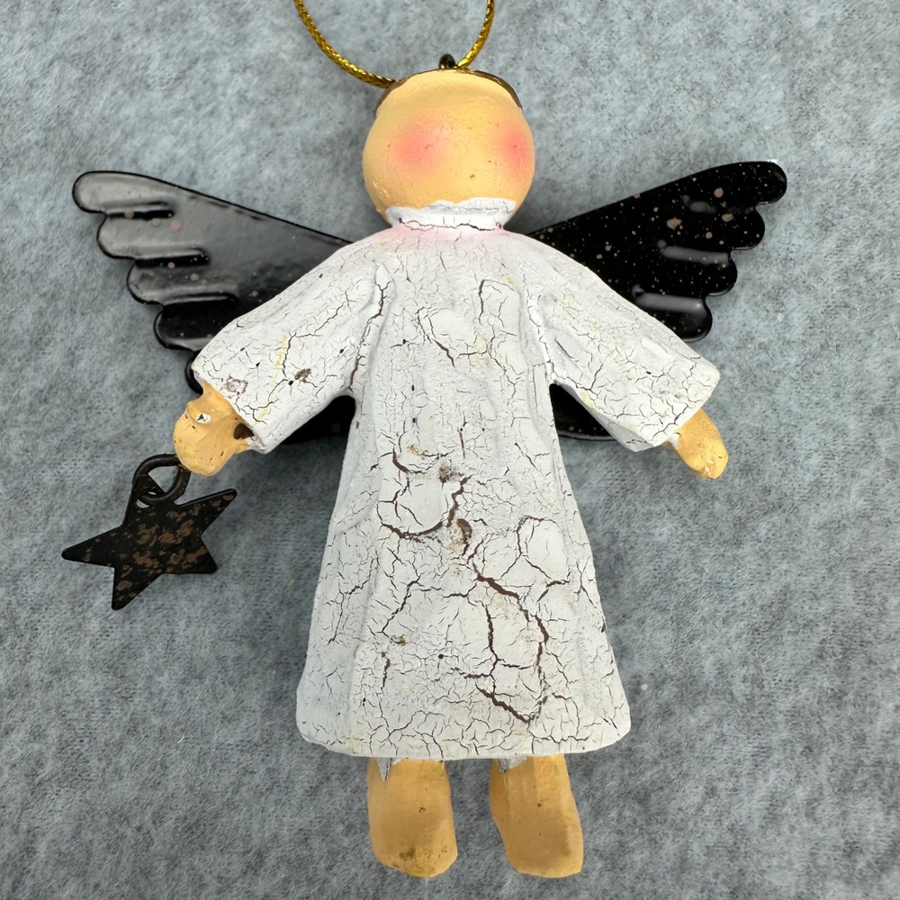 Rustic Guardian Angel Ornament White Crackle Robe Black Metal‎ Wings with Poem